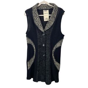 Vintage Concept Black Printed Sleeveless Cardigan Vest Mohair Wool Blend Large